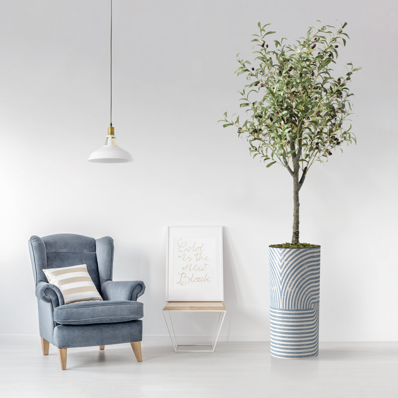 Arbre artificiel dans un pot de fleurs moderne, décoration d'arbre en soie d'olivier artificiel (pot et arbre), Rayures bleu