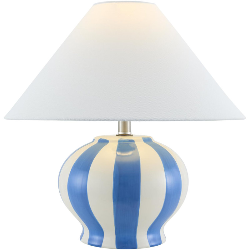 Lampe de table en céramique avec abat-jour cloche en lin, Bleu / blanc