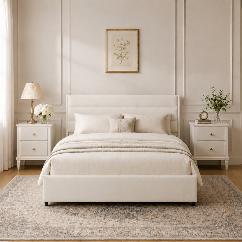 Brezzy Upholstered Storage Bed with Wingback, Cream Velvet, Full
