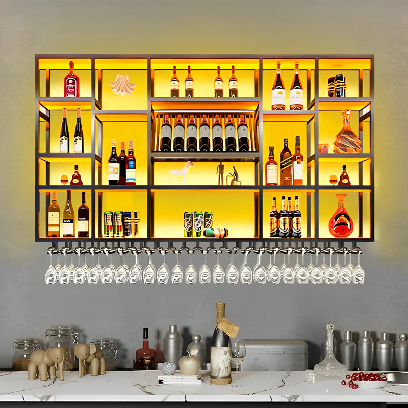 Porte-bouteille de vin mural noir à plusieurs niveaux et porte-verre (sans lumière DEL), H 47,20 po x l 59 po x P 7,80 po