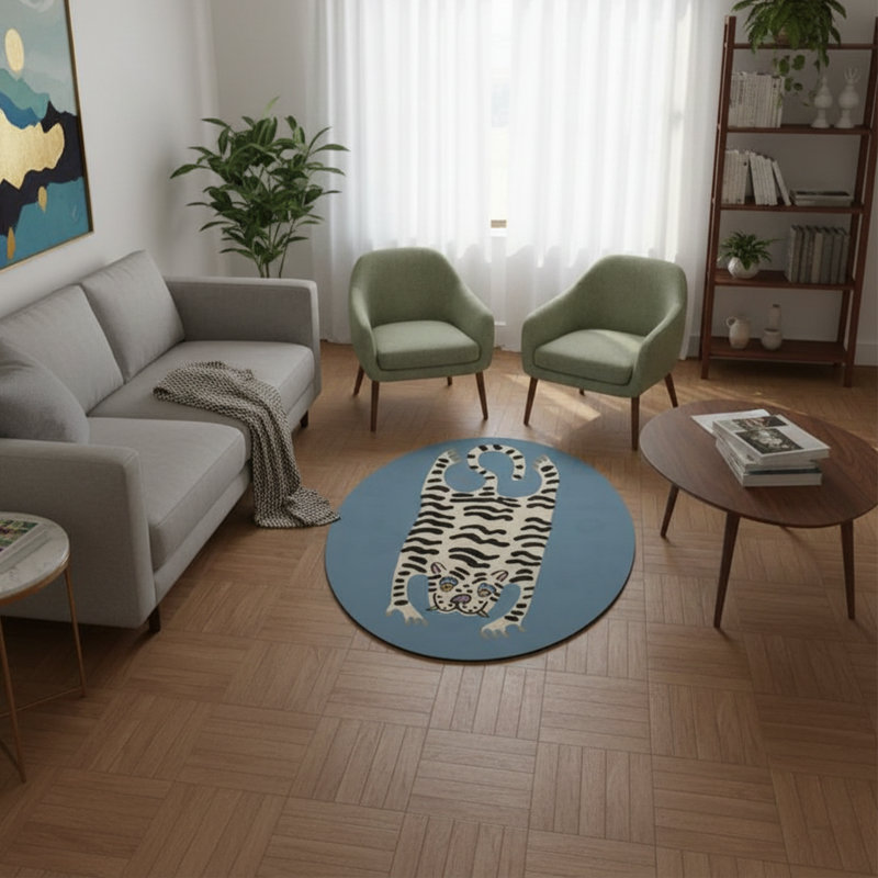 4' x 6' Machine Washable 100% Cotton Playful Cartoon White Tiger Oval Blue Area Rug