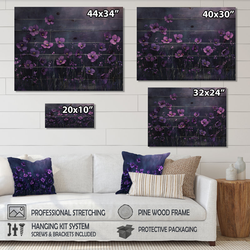 Fleur sauvage mauve à minuit II - impression sur bois de fleurs sauvages - sur bois de pin naturel