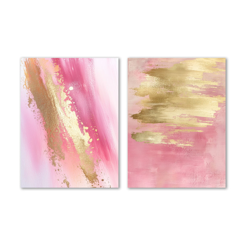 «Blush and Gold Brushstroke Elegance», art mural moderne à 2 panneaux en métal, H 32 po x l 48 po