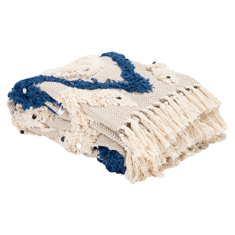 Lila Grace Navy and Beige Cotton Fringe Throw
