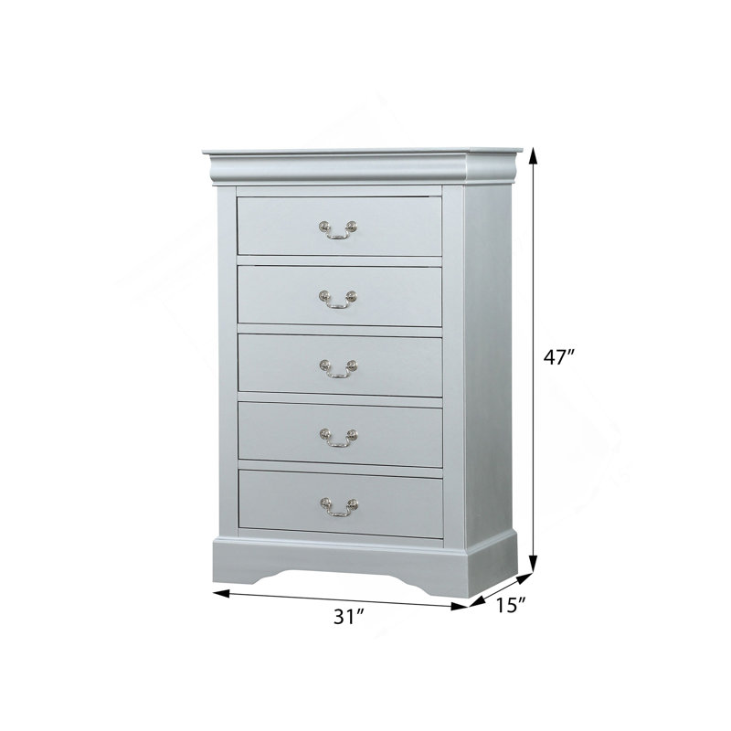 Commode 5 tiroirs Platinum avec poignées en métal, Argent argent