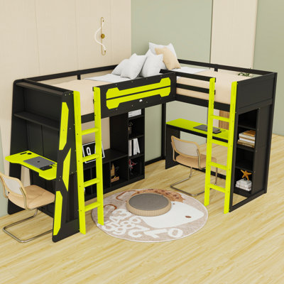 L-Shaped Twin & Twin Gaming Loft Bed with RGB LED Light, USB Ports, TV Stand and Shelves