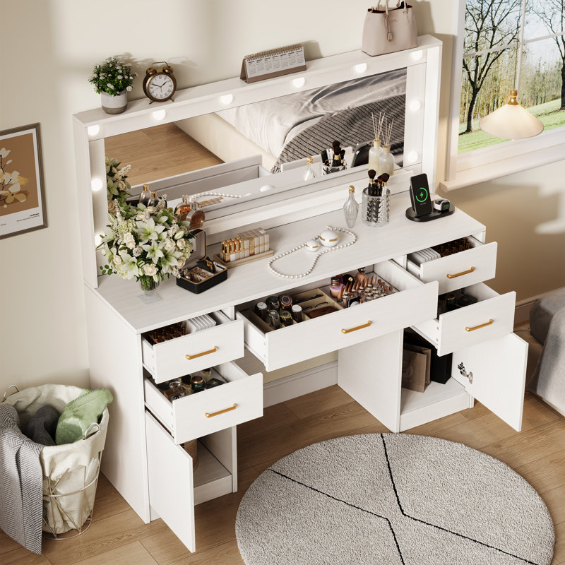 44.8" White Vanity Desk with 3-Color LED Mirror & Charging Station, 5 Drawers Makeup Vanity with Cabinets for Bedroom, White
