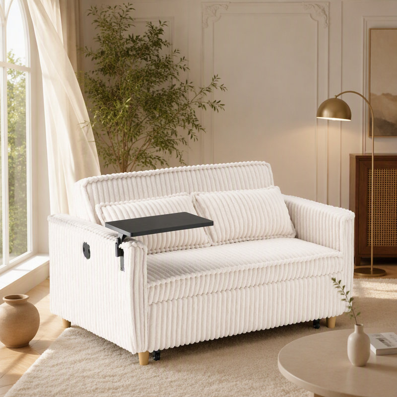 Canapé transformable en velours côtelé beige avec plateau mobile et ports USB pour les salons et les chambres