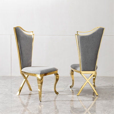 Gorgeous Streamlined High Back Grey Velvet Stainless Steel Legs Chair For Dining Room, Set Of 2