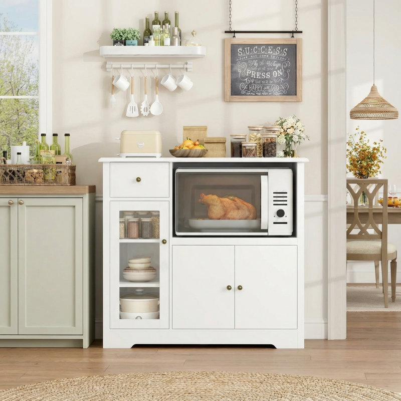 Garde-manger de 35,4 po de largeur, garde-manger avec placard, tiroir et cube pour micro-ondes, Blanc