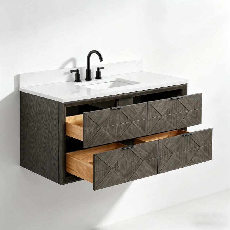 48" Floating Single Sink Solid Wood Gray Oak Bath Vanity with Engineered Marble Top, Gray Oak