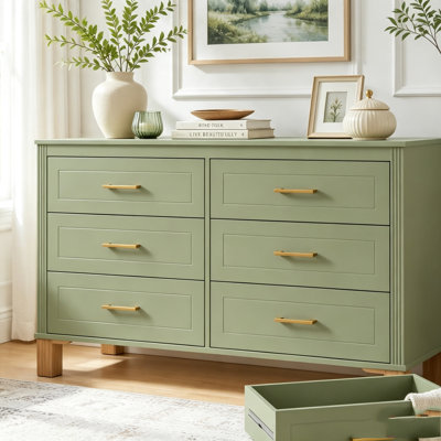 Commode double 6 tiroirs, armoire de rangement moderne avec poignées en métal et pieds en bois massif