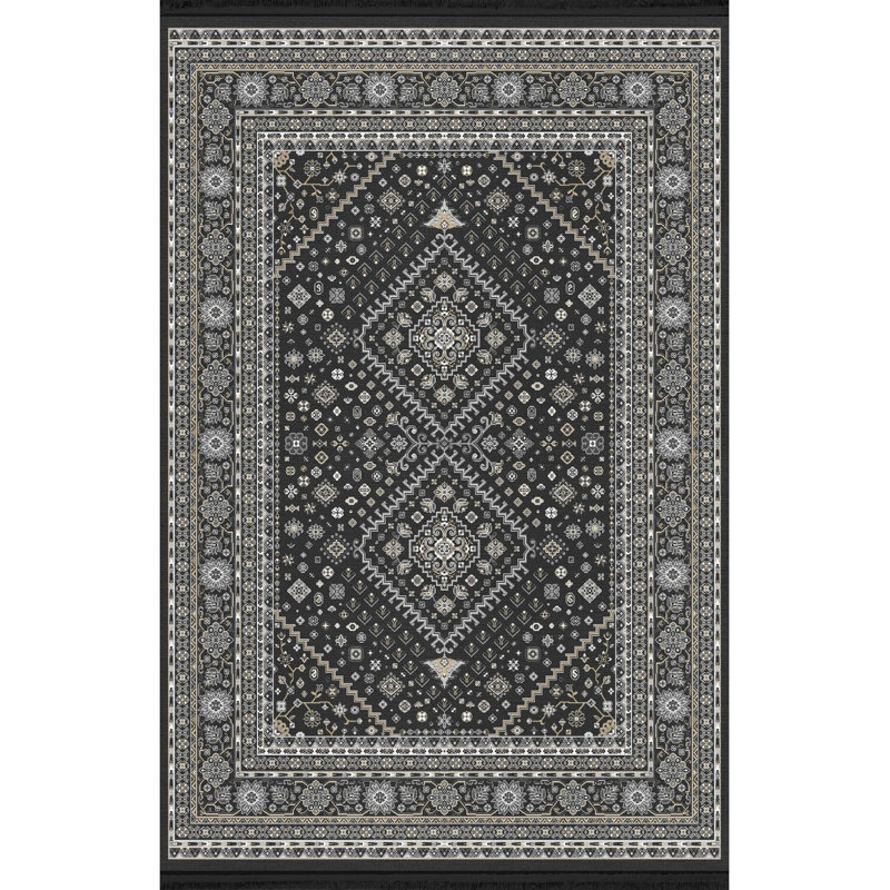 Tapis décoratif noir à motif traditionnel noir et gris, Rectangle 4 pi 11,06 po x 7 pi 6,55 po