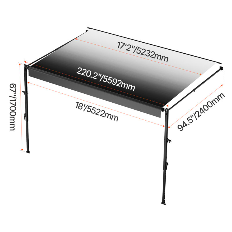 Ensemble d'auvent manuel pour véhicule récréatif, auvent rétractable de 18 pi avec cadre en aluminium durable, solution d'ombrage extérieur pour remorques et véhicules récréatifs (dégradé noir)