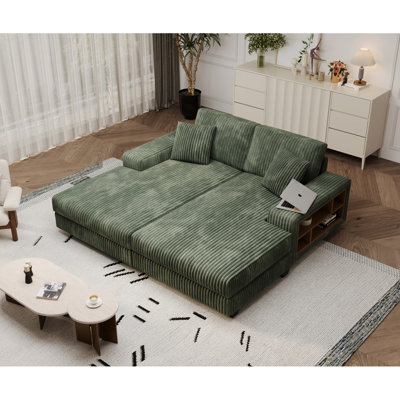 Convertible Combination Sofa, Corduroy Fabric, Fluffy Modern Sleeper Sofa Chair, Oversized Combination Living Room Double Lounge Chair, Green