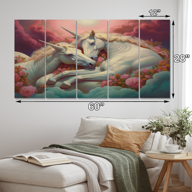 «Cute Unicorns Sleeping Together In Flowerfield VII», impression sur toile Licorne fantastique - 5 panneaux égaux