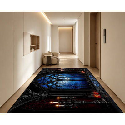 Tapis de style gothique, motif de fenêtre bleu nuit, conception artistique, tapis antidérapant, décoration intérieure pour salon, chambre à coucher, entrée, porte d'entrée, cuisine, balcon, appartement