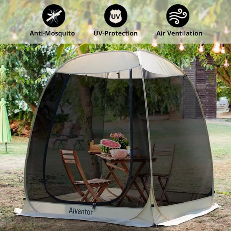 Beige Fiberglass 6' x 6' Pop Up Patio Gazebo with Screen Room