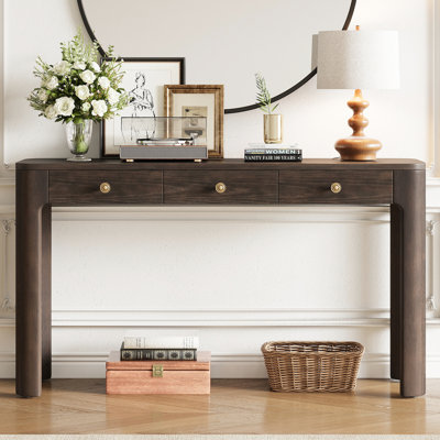 Console rétro aux coins arrondis pour plus de sécurité, 3 tiroirs de rangement, pieds robustes en bois massif, idéale pour une entrée, un corridor ou un salon, grain naturel, plateau pouvant supporter jusqu'à 68 kg, grand tiroir de 63,5 cm, petit tiroir de 51 cm.