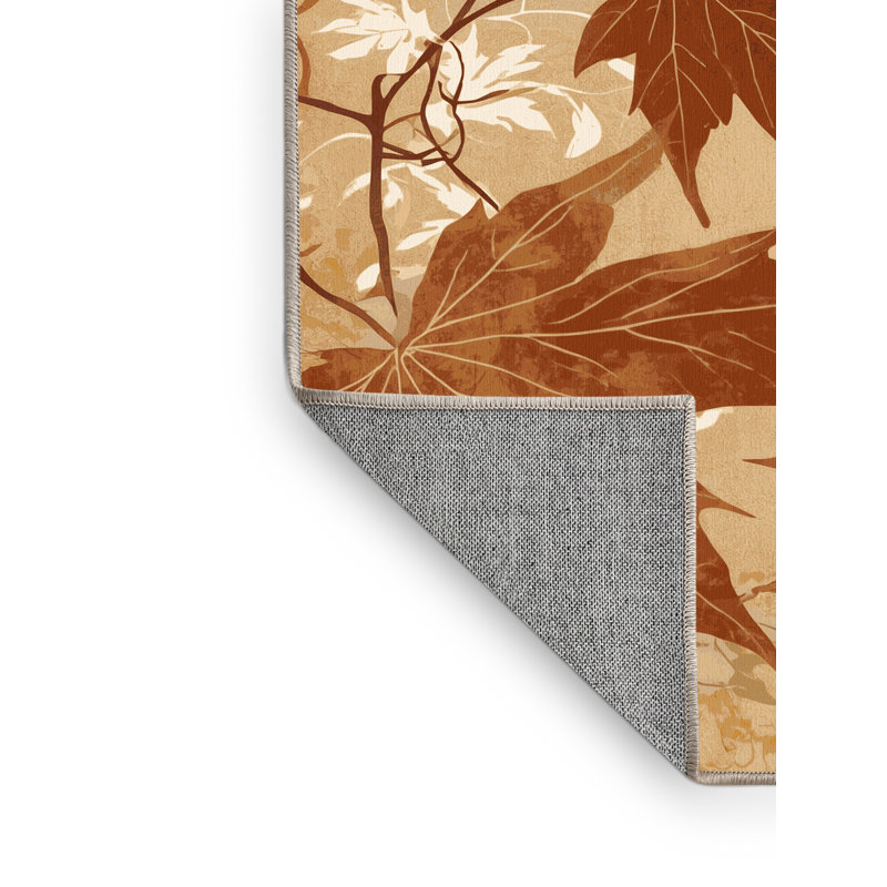 Machine Washable Ottwell Vine Maple Garden Floral Rug in Brown – Beige Binding, 7x9