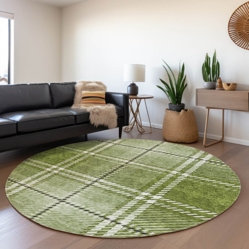 Premium Machine Washable Prisco Green Rug, Round 8'