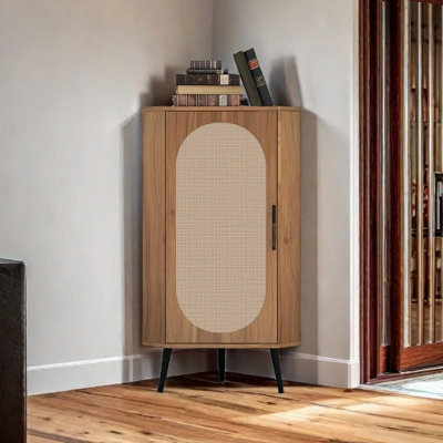 Corner Cabinet ,Rattan Door,Freestanding Corner Tables For Small Spaces, Corner Shelf Stand For Living Room, Kitchen, Bathroom, Bedroom