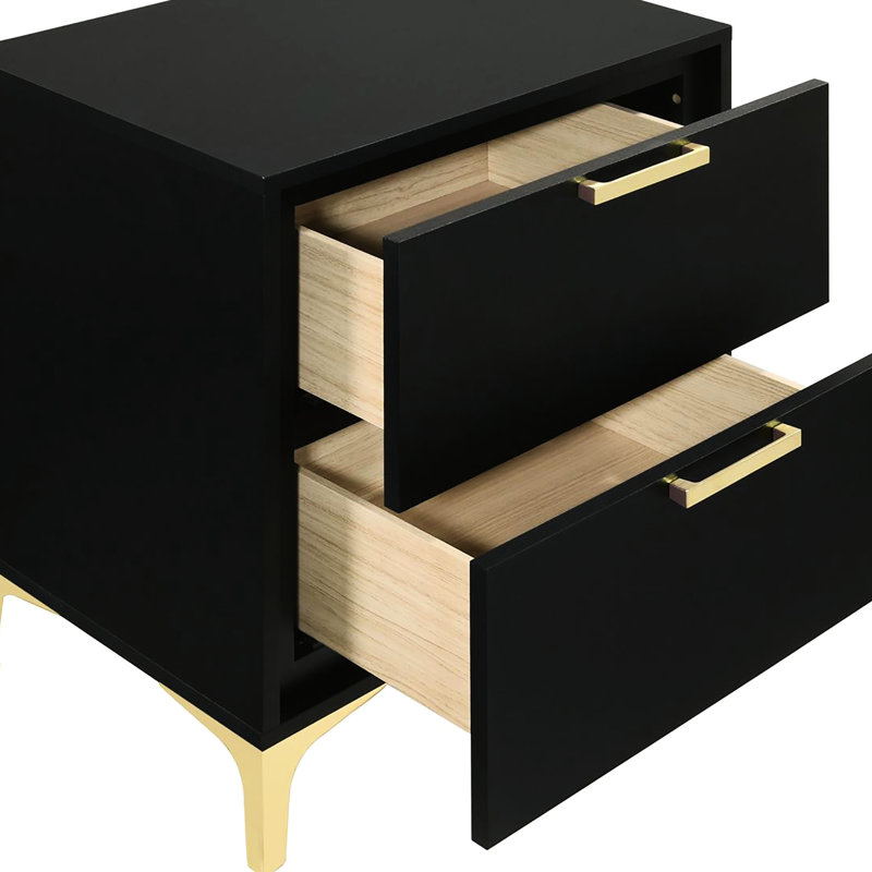 Modern Black And Gold Nightstand For Bedroom - 2 Drawer Storage Style With Abundant Drawers, Black