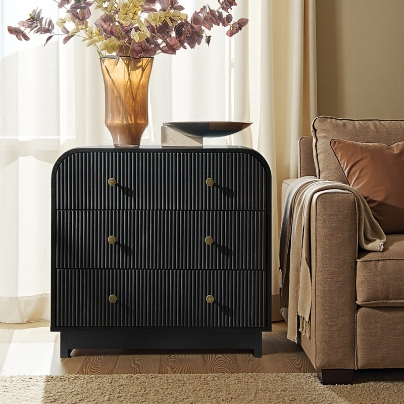 Melisa Modern 28"W 3-Drawer Fluted Curved End Table Simple Assemblly with Charging Station, Black