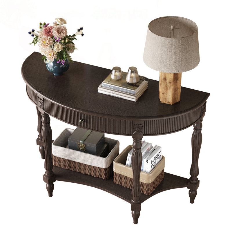 Console en bois massif avec tiroir cannelé et pieds à colonnes romaines, Brun rustique profond, Brun rustique profond