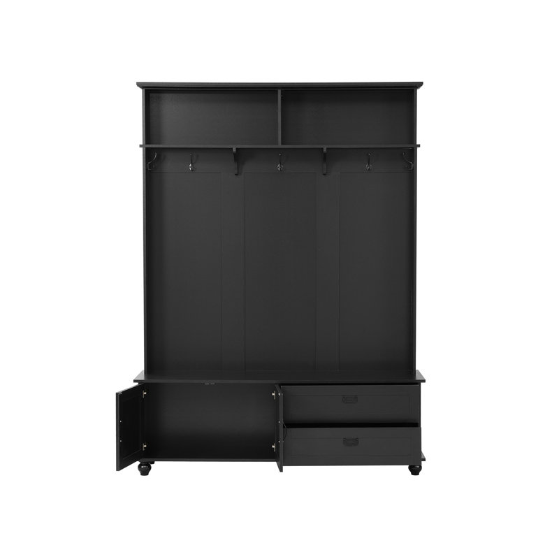 Arbre d'entrée de style moderne avec armoire de rangement et 2 grands tiroirs, banc de vestibule Widen avec 5 crochets à manteau, noir