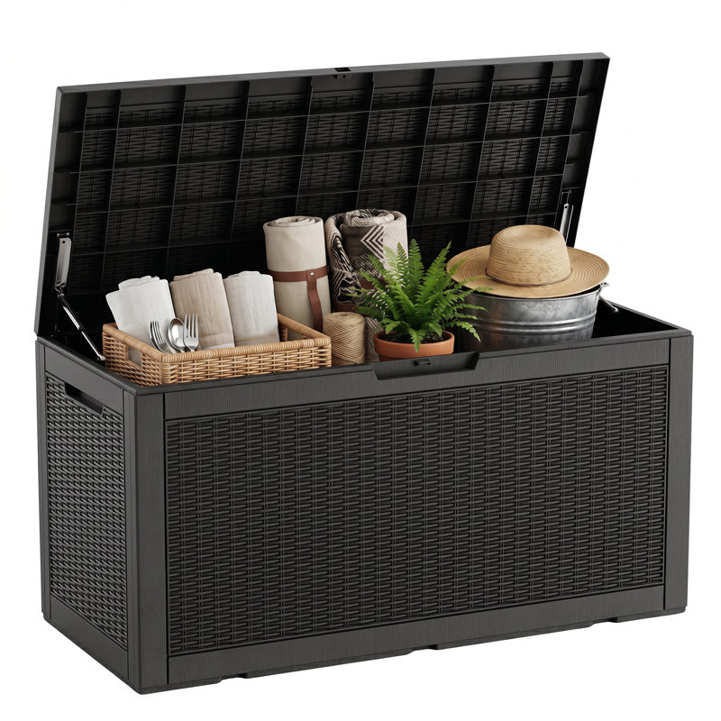 Boîte de rangement verrouillable 100 gallons de style rotin, résine résistante à l'eau, Noir, H 24,5 po x l 48 po x P 21,5 po