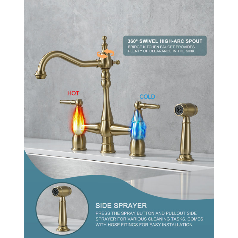 Double Handle Bridge Centerset Faucet with Side Sprayer for Kitchen Sinks, Brushed Gold