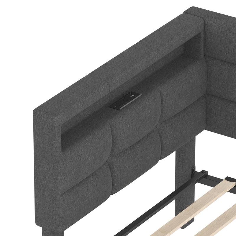Lit de jour simple gris avec station de charge, lumières à DEL, 2 tiroirs et rangement pour tête de lit, pas de sommier nécessaire, facile à installer, tête de lit tapissier spacieuse de couleur 7, gris