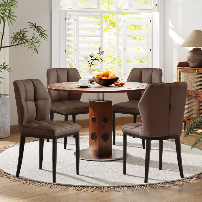Faux Leather Dining Chairs, Upholstered Wide Backrest High Back Kitchen Chairs, Brown
