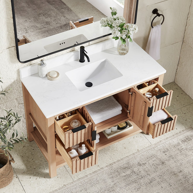 Meuble-lavabo simple 48 po avec plateau en pierre composite Chace, Chêne naturel vieilli / noir mat