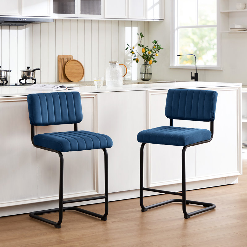 Ambrine Low Back Tufted Velvet Upholstered Counter/Bar Stool with Steel Sled Frame, Counter Stool (Seat Height: 24"), Navy