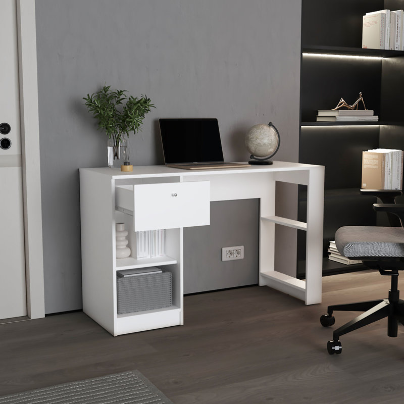 Black Rectangular Desk For Home Office Needs, 47" Wide With One Drawer And Four Shelves, Modern Computer Space, Professional Efficiency