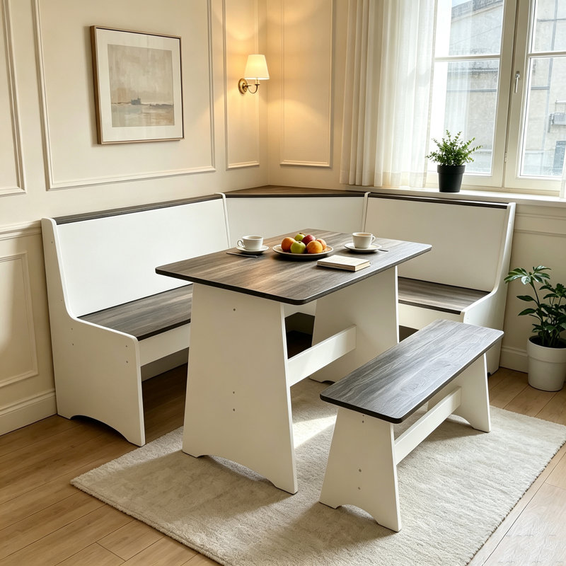 Ensemble de salle à manger de coin en L 3 pièces avec banc de rangement, table de petit-déjeuner d'angle moderne avec rangement dissimulé, mobilier de cuisine pour petits espaces, appartement et maison, fini bois blanc et gris, ensemble de 3 pièces