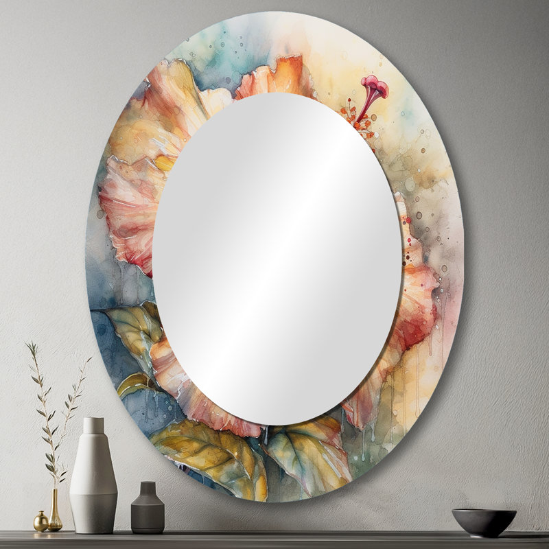 Hibiscus Euphoria II - miroir décoratif floral ovale orange sur métal, 43 po x 33 po