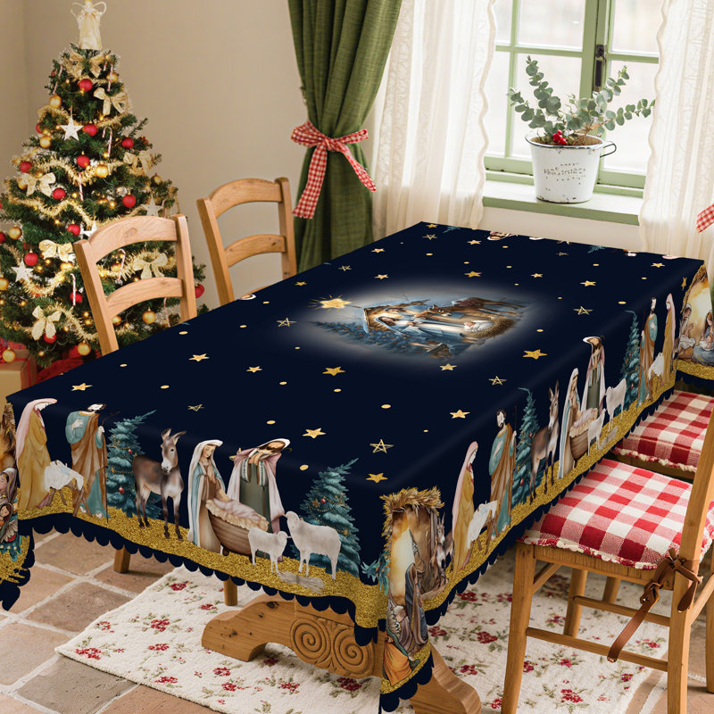 Machine-washable polyester tablecloth featuring a Nativity scene design, perfect for Christmas decorations.