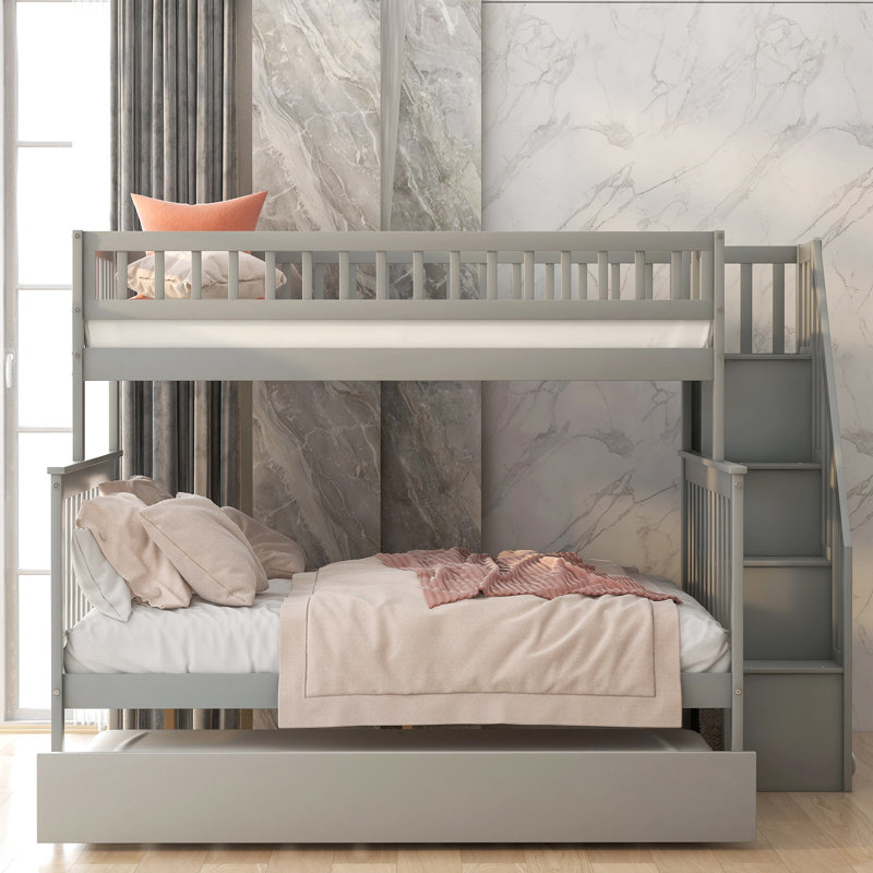 Lit superposé simple au-dessus d'un lit double gris avec escalier et lit gigogne - Mobilier de chambre à coucher moderne, idée d'économie d'espace
