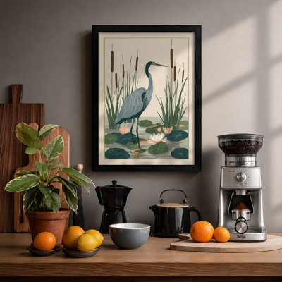 Heron Among Cattails Botanical - Framed Print