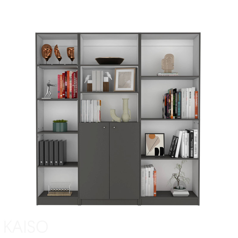 Ensemble de bibliothèque 3 pièces, 67 po de largeur avec 12 tablettes et une armoire à 2 portes, ensemble de salon gris mat / blanc