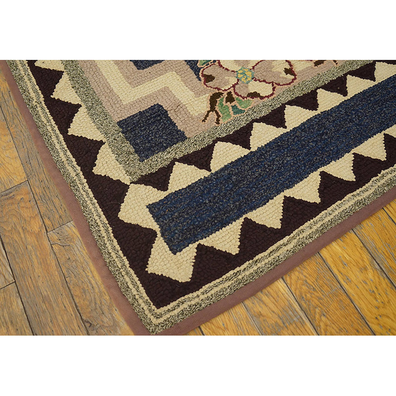 Small Scatter Size American Hooked Antique Wool 1920s Rug
