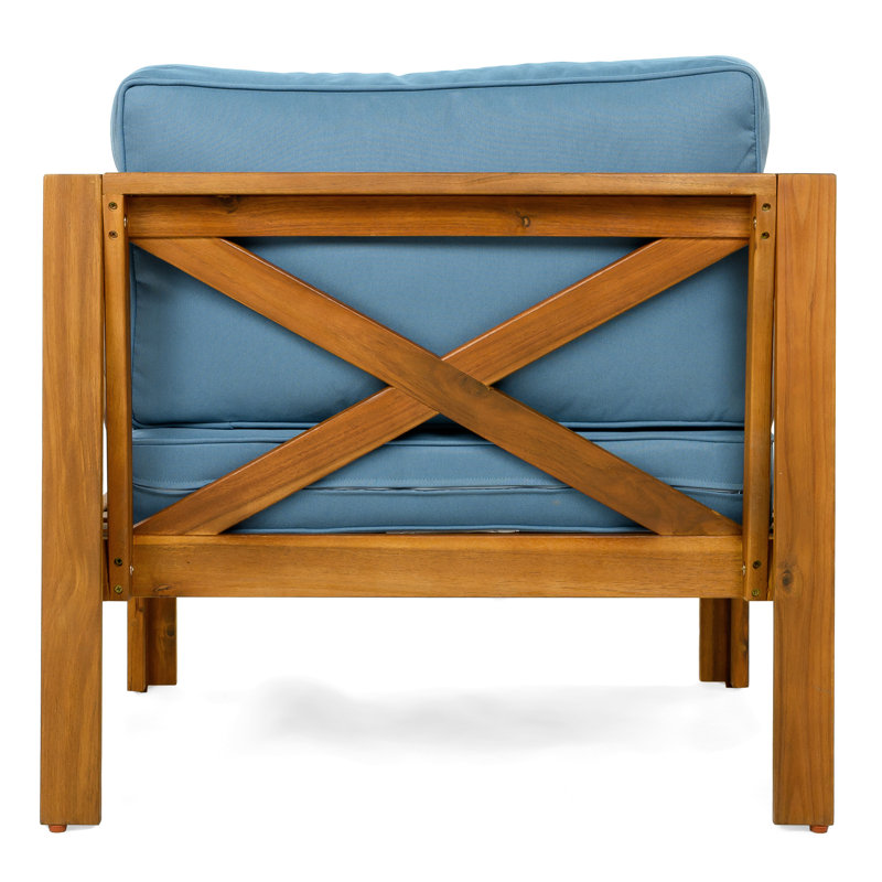 Fauteuil club d'extérieur en bois 4 pièces avec coussins en tissu imperméable bleu, finition idéale pour les terrasses et les patios