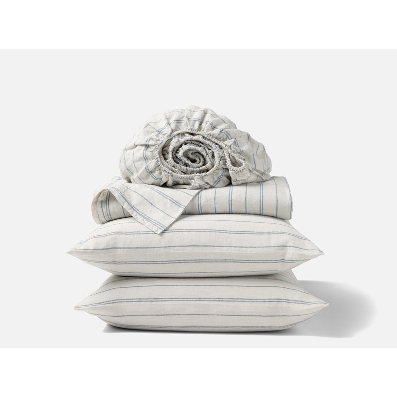 Organic Relaxed Linen Sheet Set, Queen Sheet Set with 2 Pillowcases, Fog Chambray Indigo Stripe