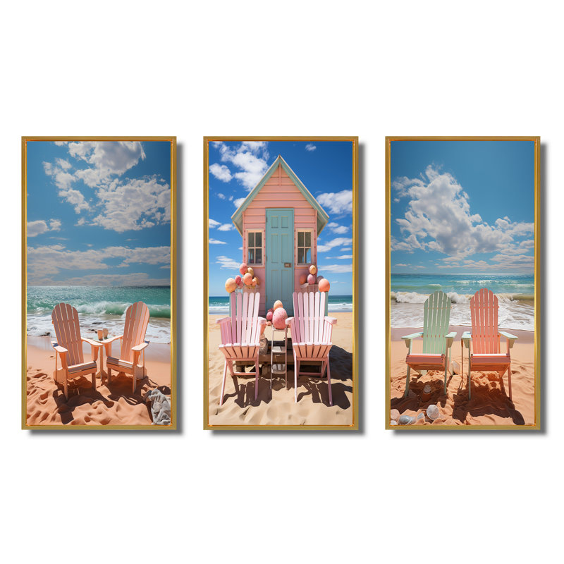 «Beach Chairs Dream», 3 pièces sur toile, Encadrement doré, H 20 po x l 36 po