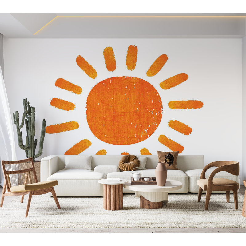 Murale pelez et collez de qualité supérieure - Illustration soleil orange, L 144 po x l 210 po
