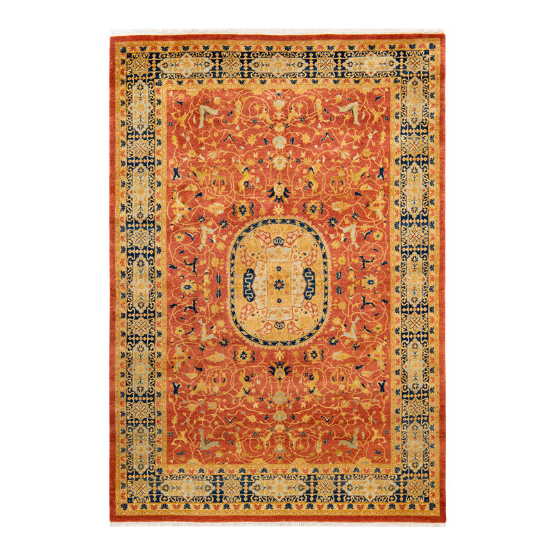 Tapis beige / brun / vert en laine noué à la main de conception unique nouvel âge 6 pi 1 po x 9 pi Keenan