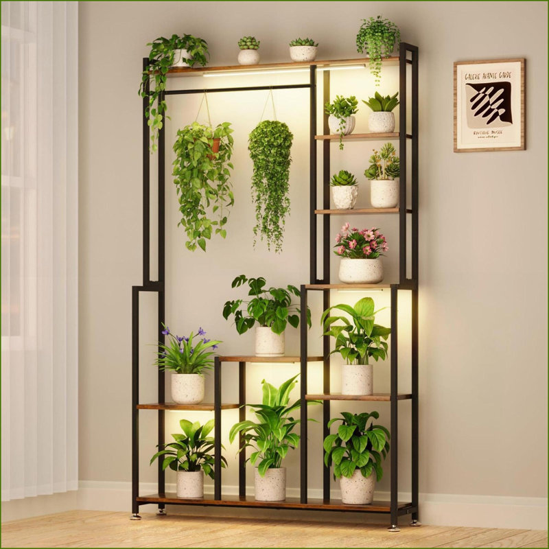 Support pour plante avec croissance légère, métal robuste à 8 niveaux de 71 po de hauteur, peu encombrant | Bois aggloméré + métal